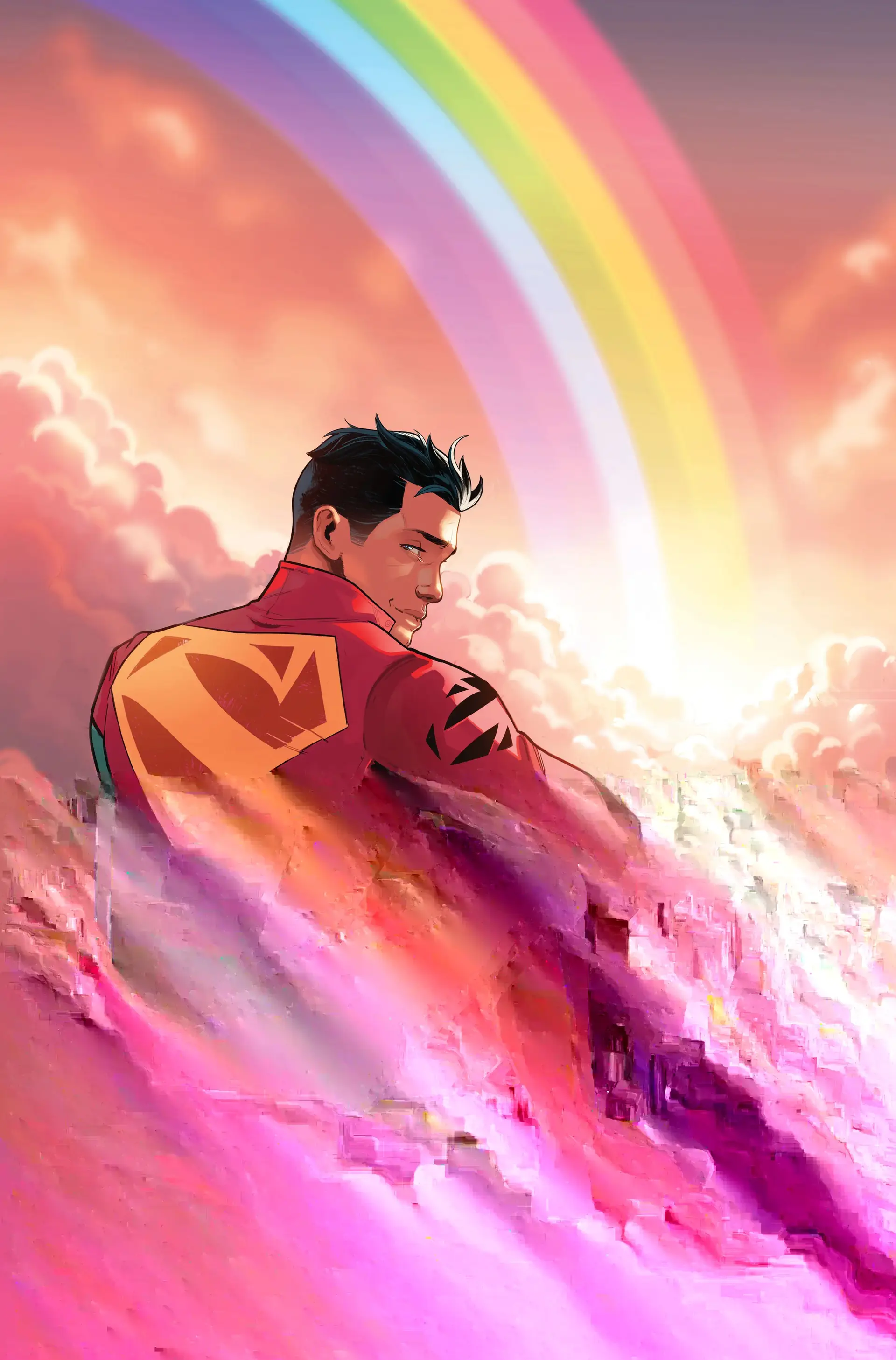 Superman flying under a rainbow in DC Pride art