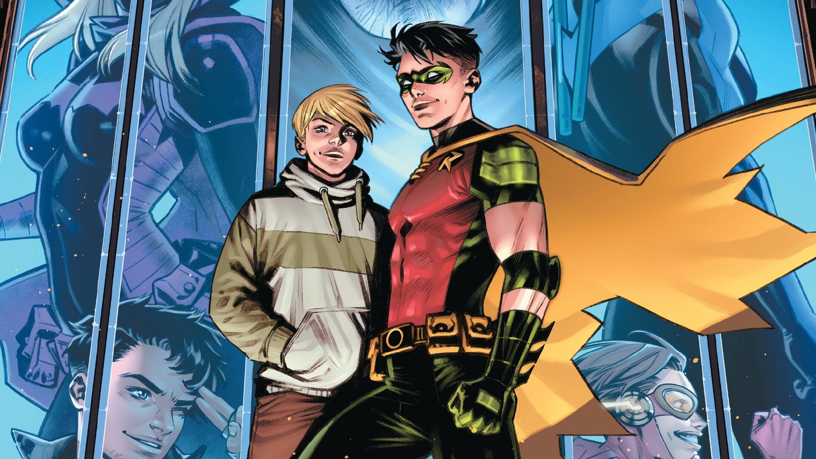 Comic book art of Robin and a blond boy standing together, with other characters framed in panels behind them.