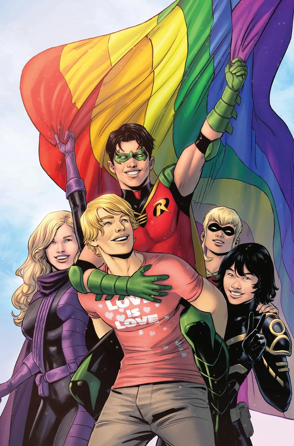 Comic book heroes hold a rainbow flag with a smiling Robin piggybacking a man in a "Love is Love" shirt.