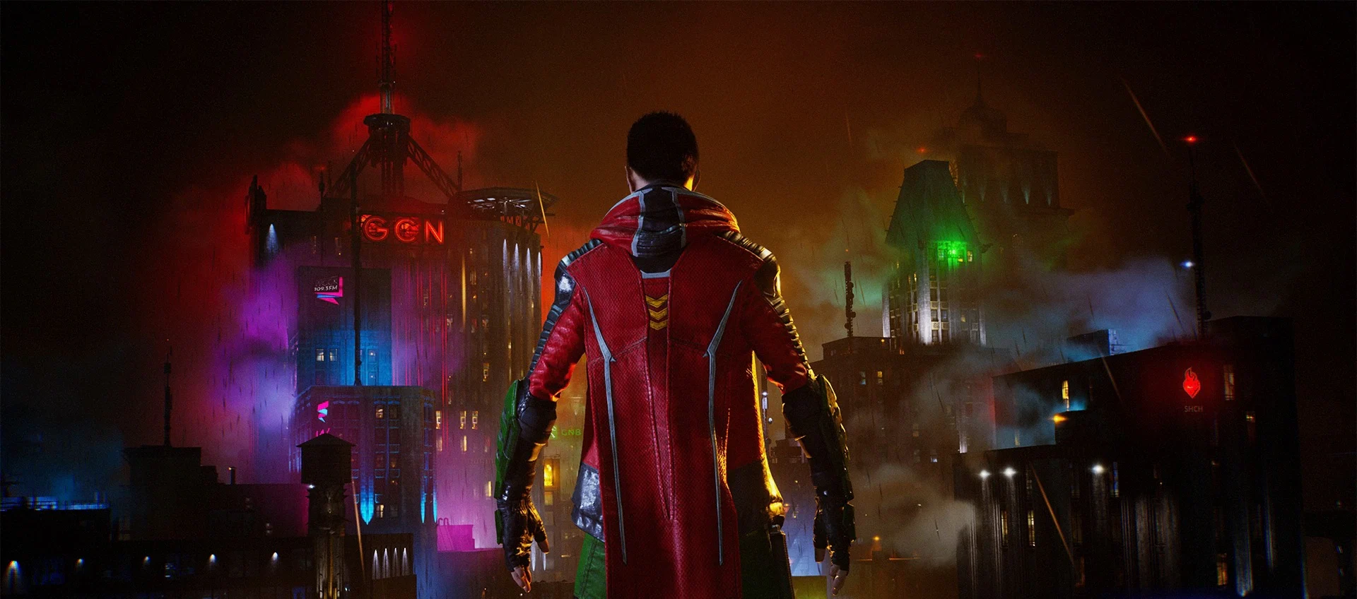 Gotham Knights character stands on a rooftop overlooking a neon-lit city at night.