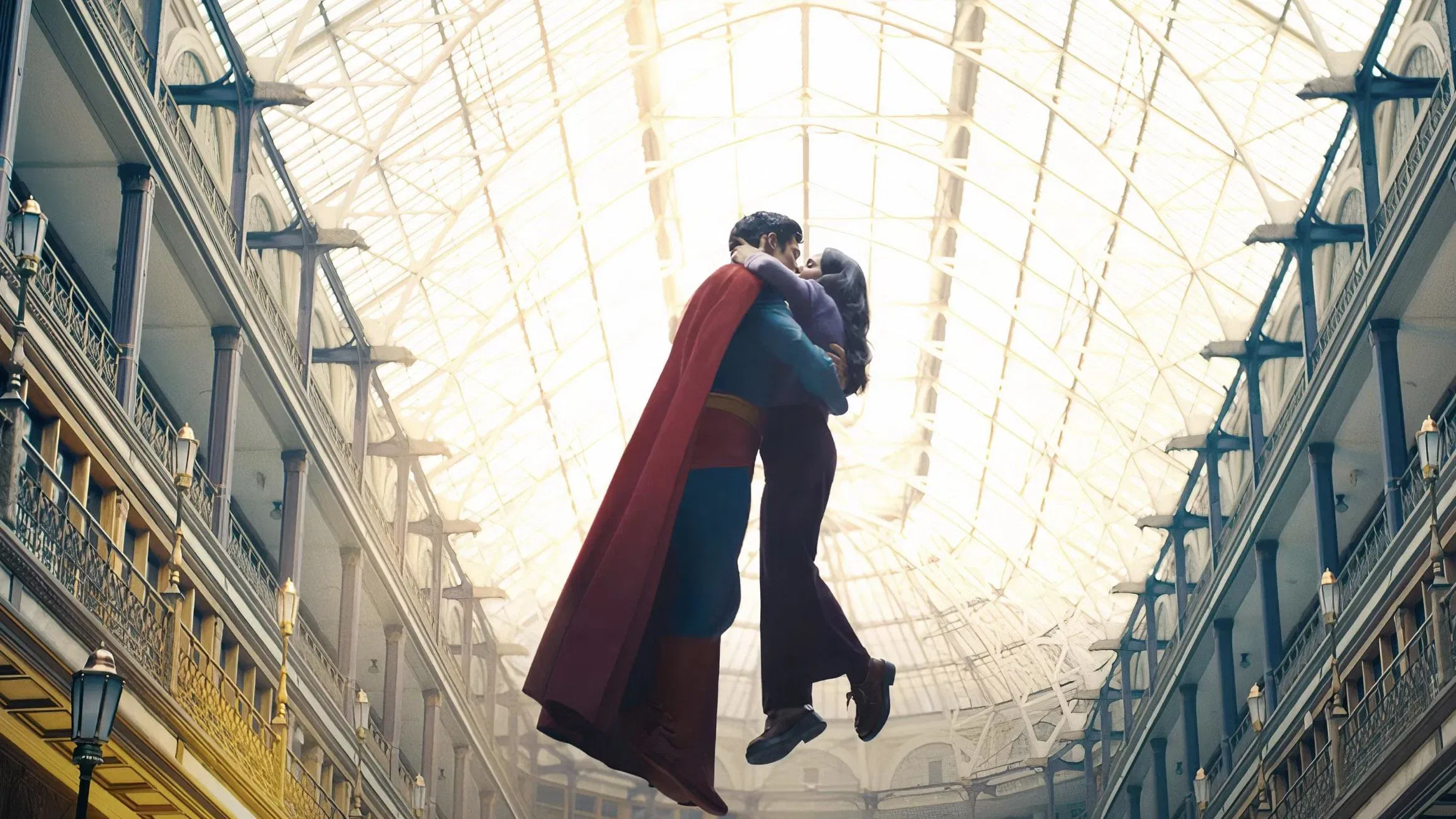 Superman and Lois Lane kissing while floating together inside a grand arcade.