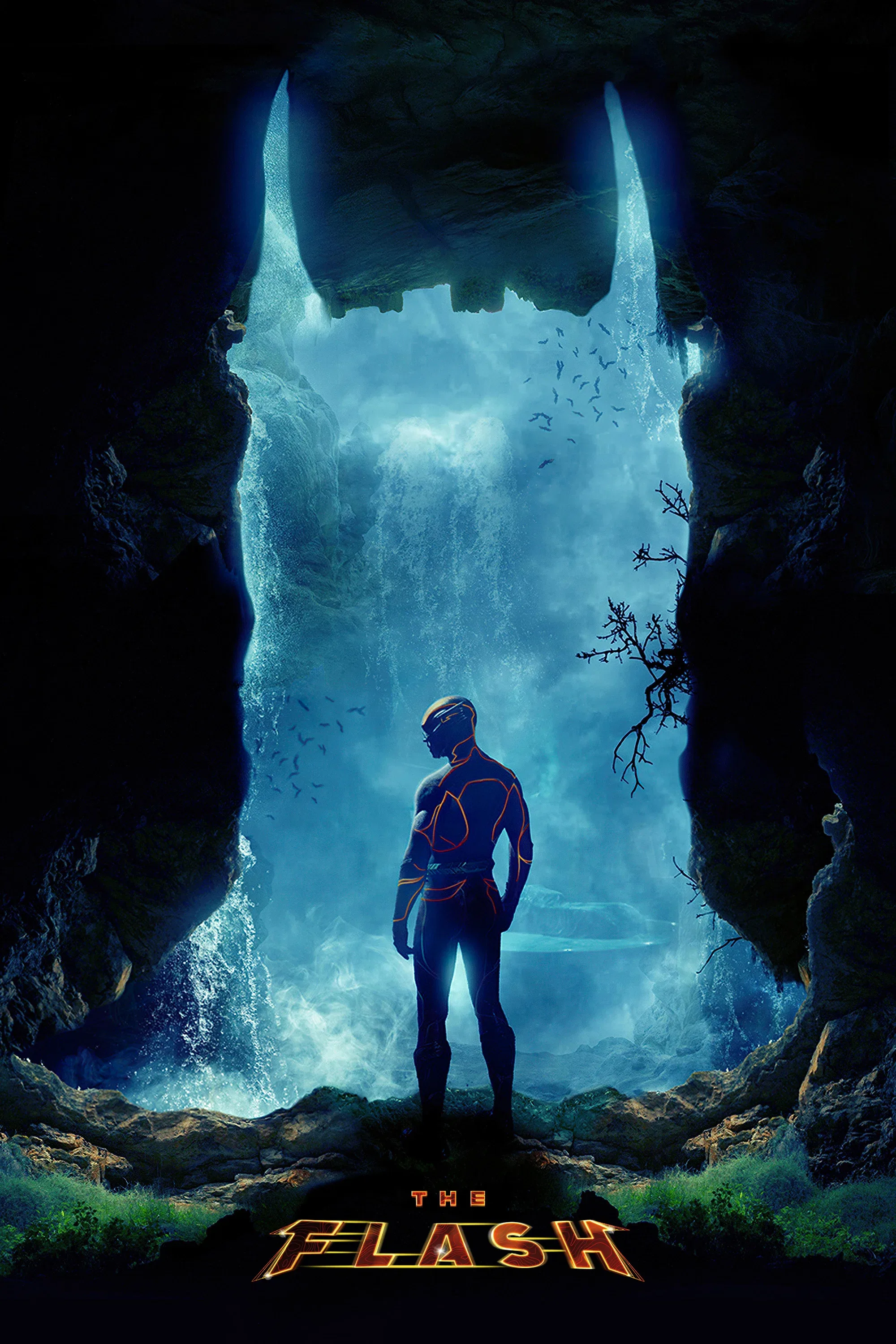Poster for The Flash, featuring a hero in a dark suit with orange glowing lines standing in a cave shaped like a bat symbol.
