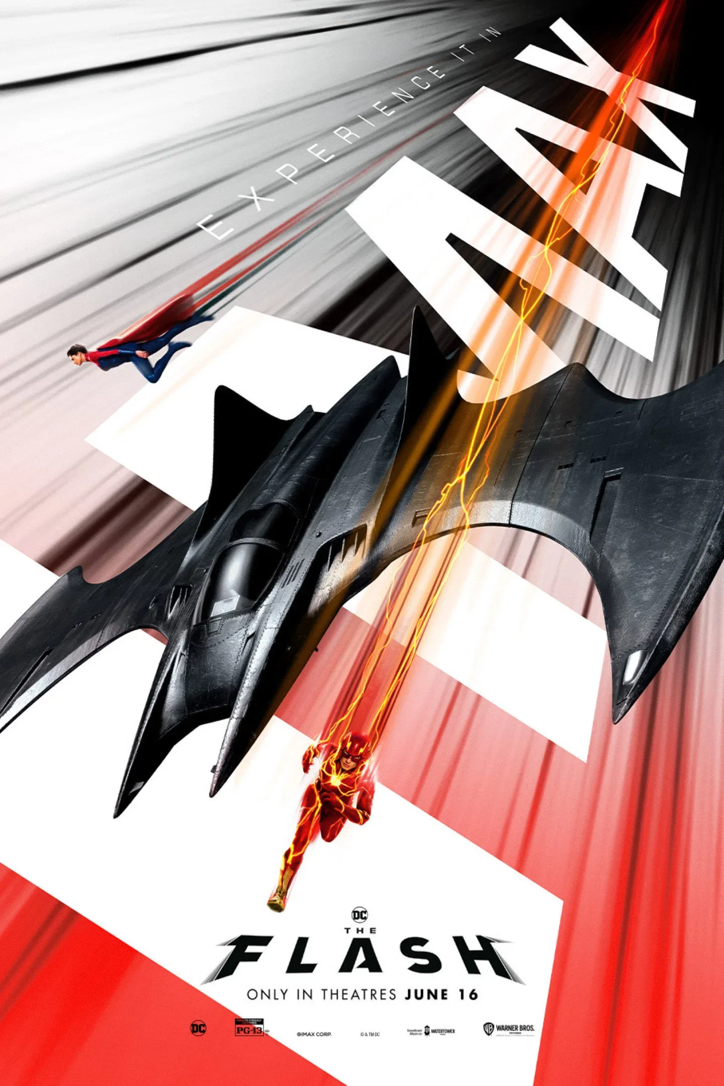 The Flash movie poster with a Batwing, Flash, and Supergirl, and text saying The Flash, only in theaters June 16.