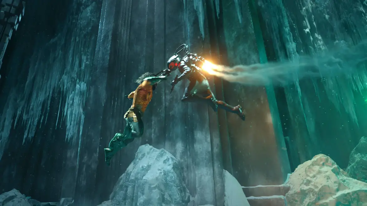 An underwater fight in a glacier cavern