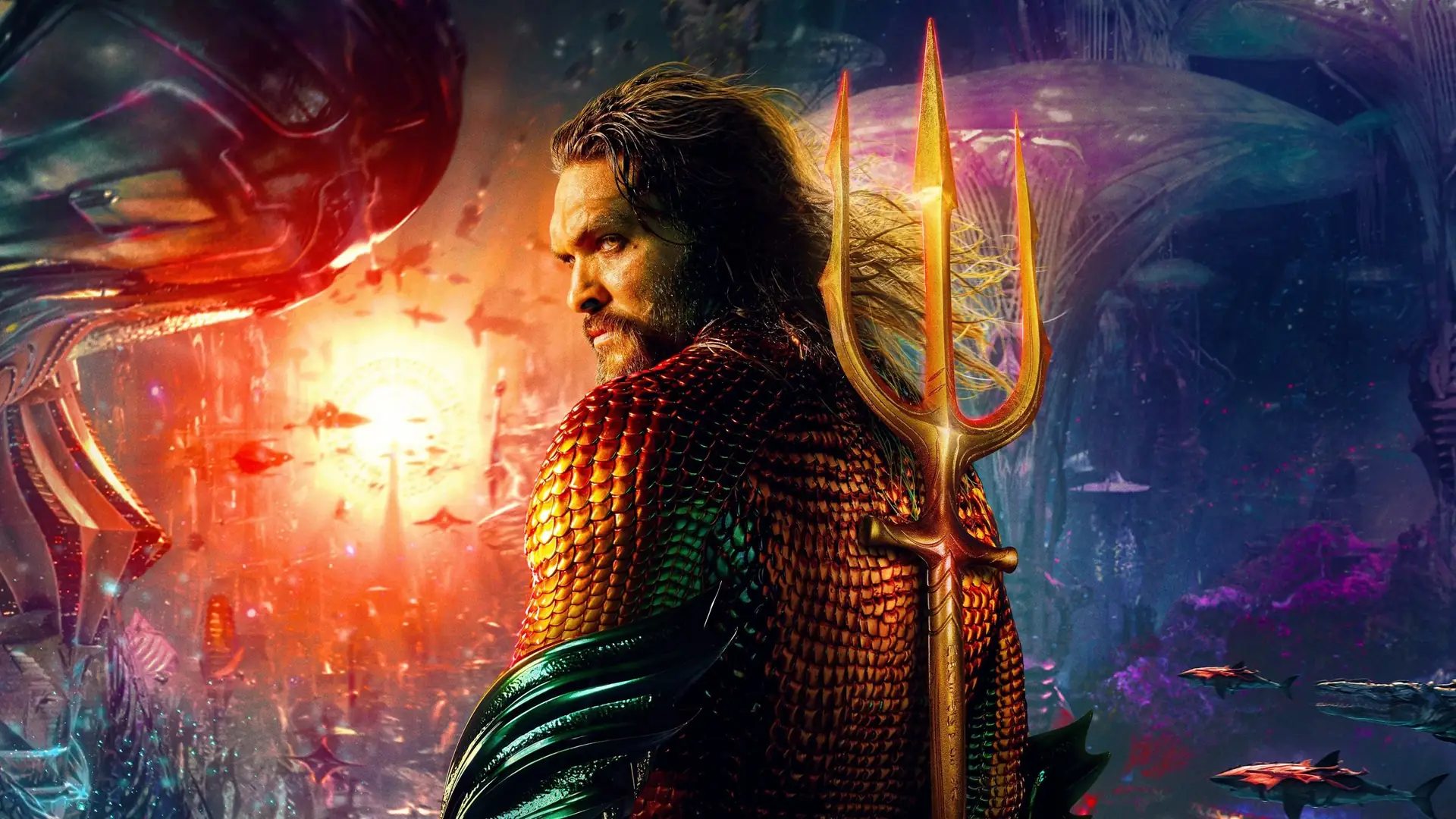 Aquaman with his trident, against an underwater backdrop.