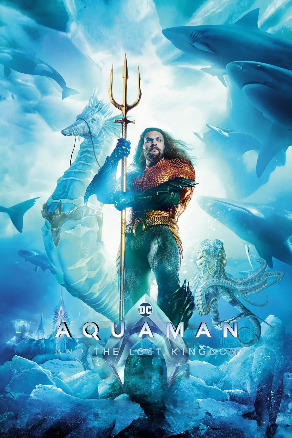 Aquaman with his trident beneath the sea