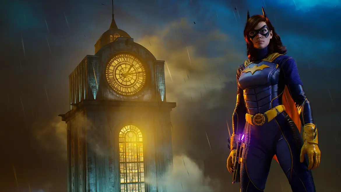 Batgirl in front of a clock tower
