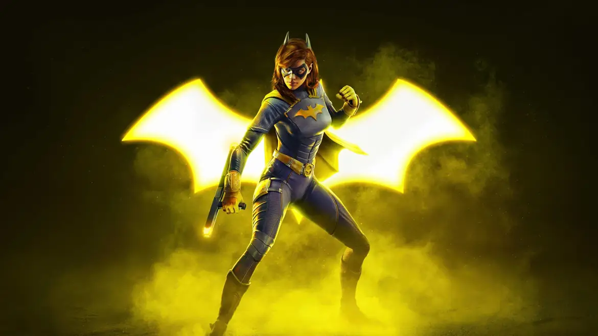 Batgirl in front of a glowing bat emblem