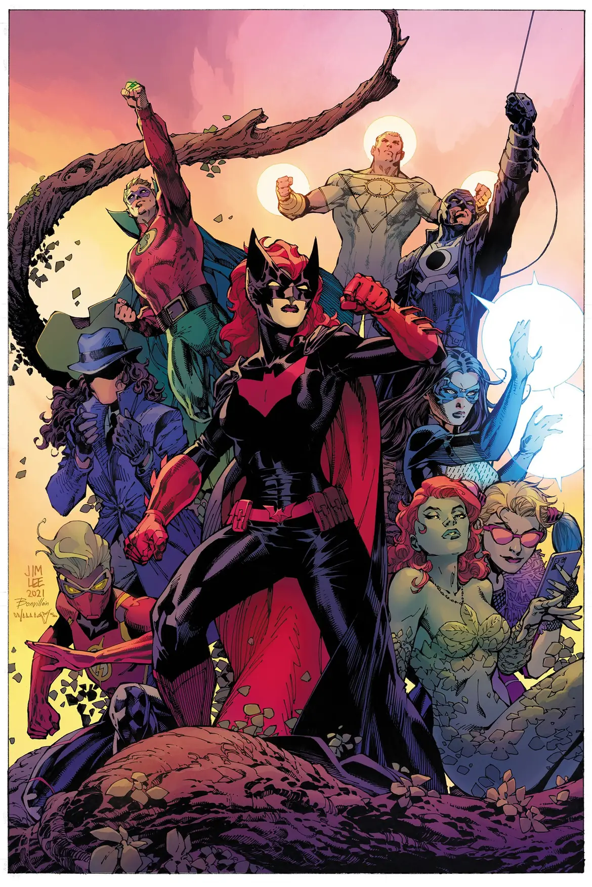 Batwoman leading a crowd of DC heroes