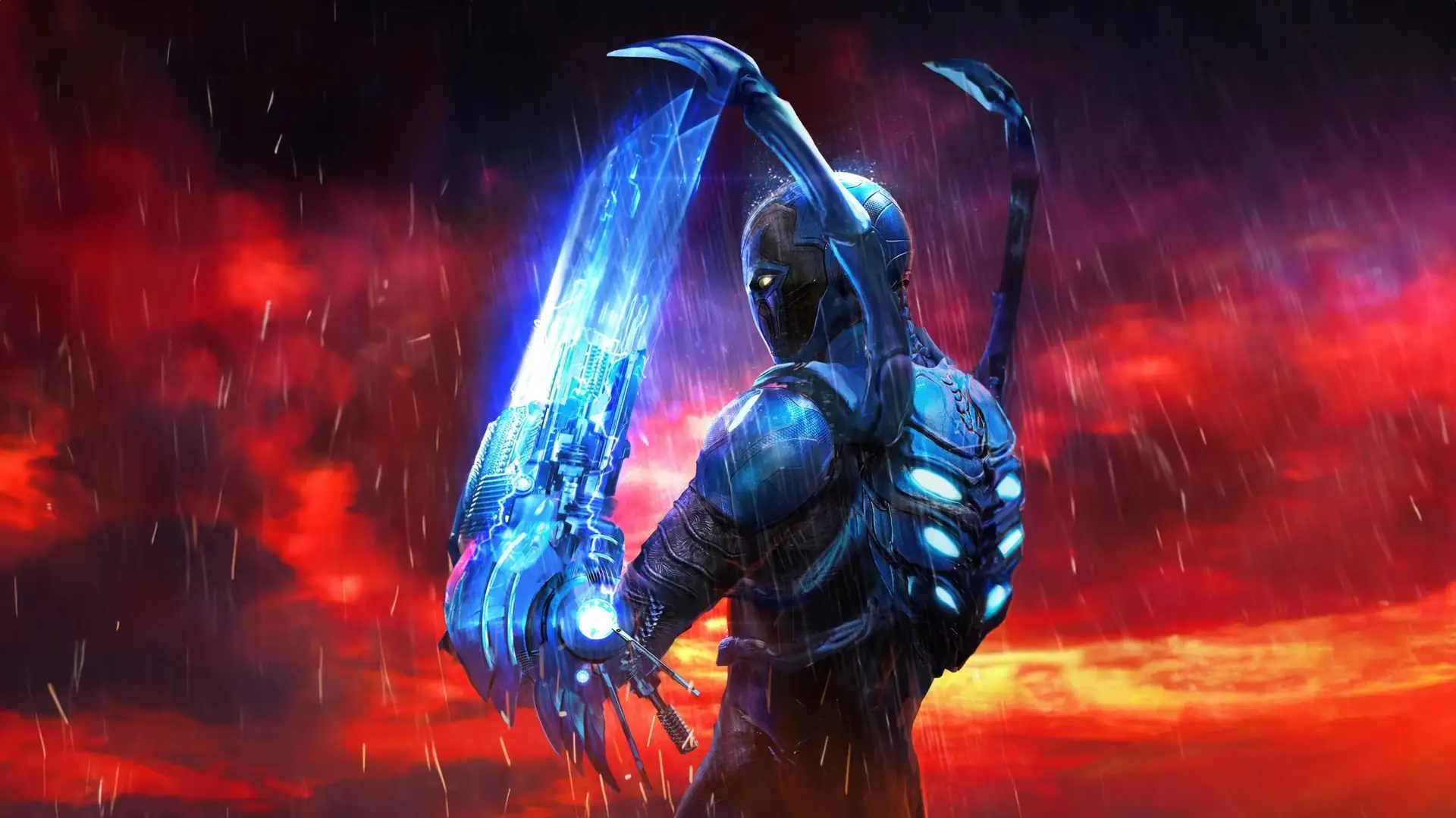 Blue Beetle against a red sky