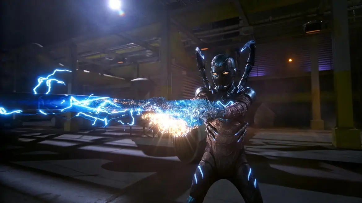 Blue Beetle firing in a warehouse