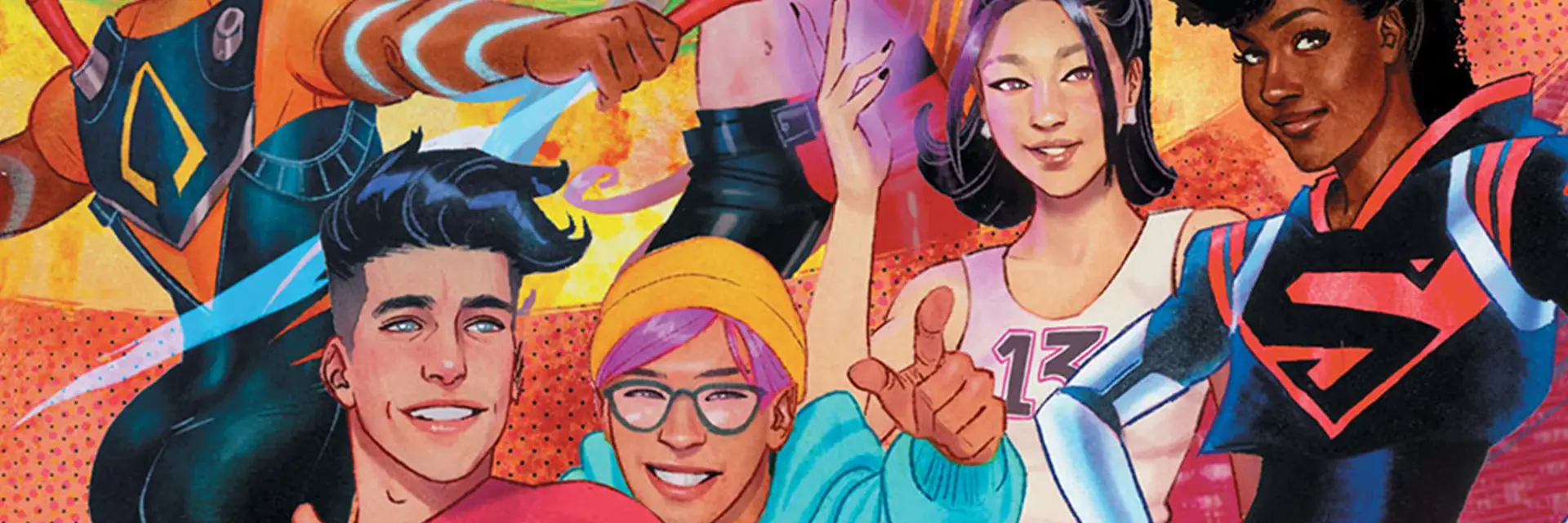 A digital illustration depicts a diverse group of young super-powered heroes posing together smiling.