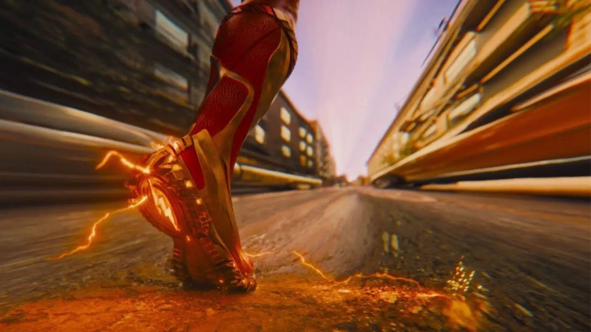 A person running on a street with lightning around their foot.