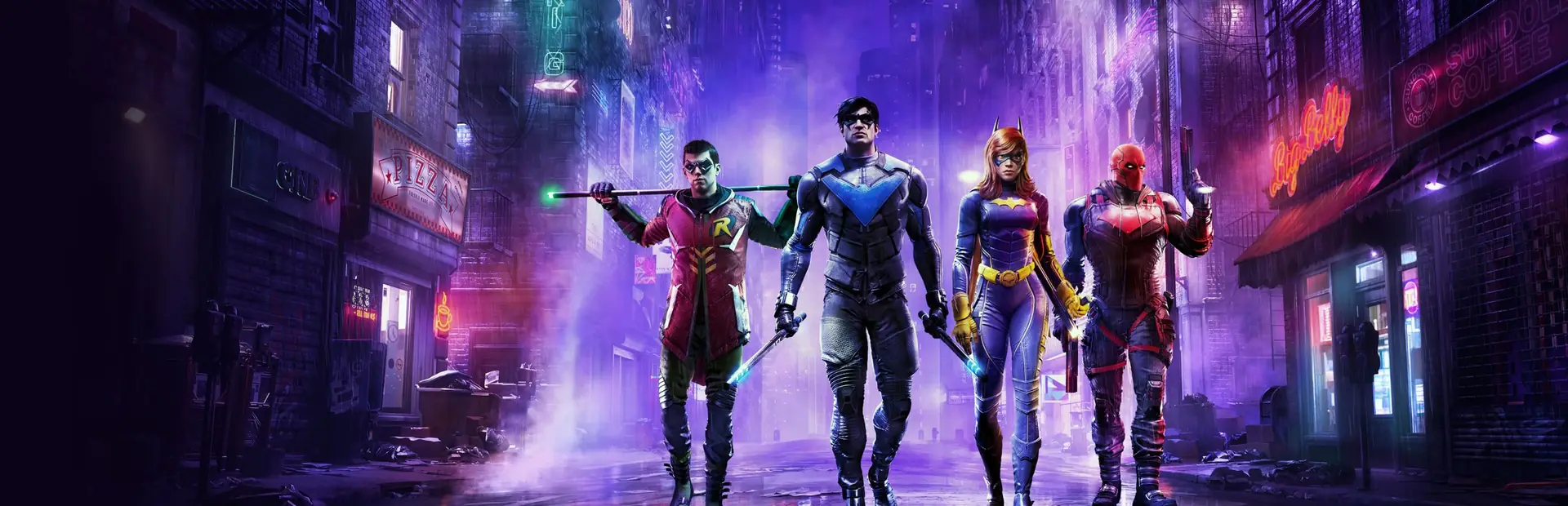 Four Gotham Knights heroes walk forward in a neon-lit street, holding weapons.