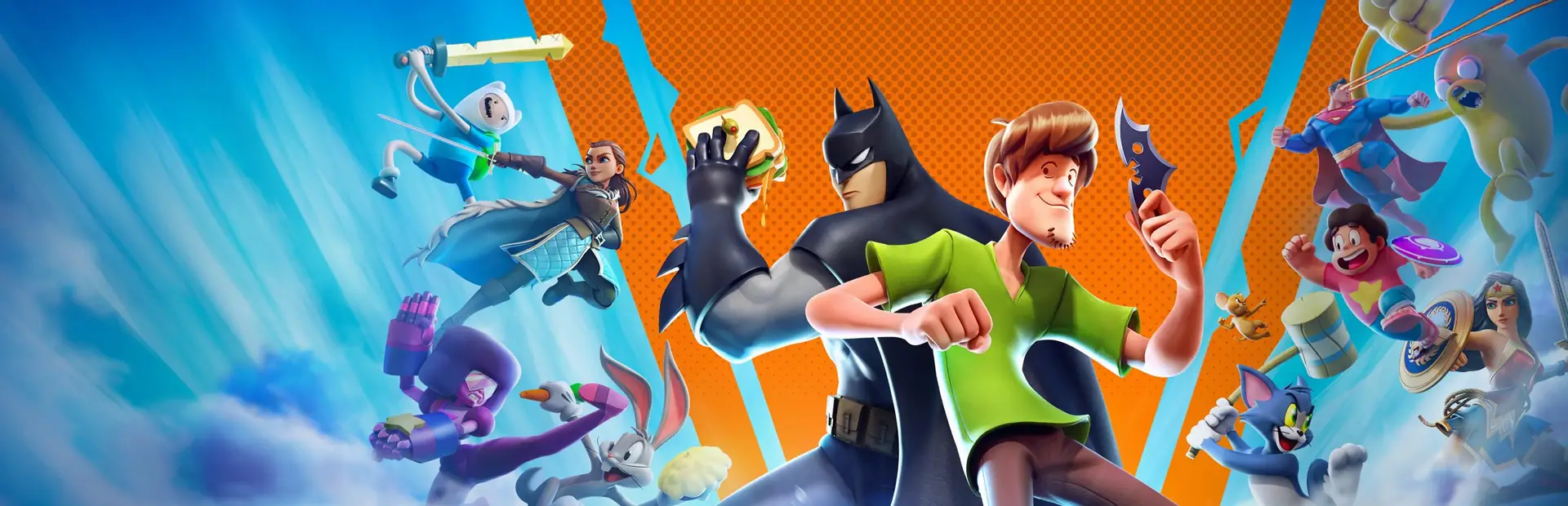 Characters from the game MultiVersus, including Batman and Shaggy, pose together in a promotional image.