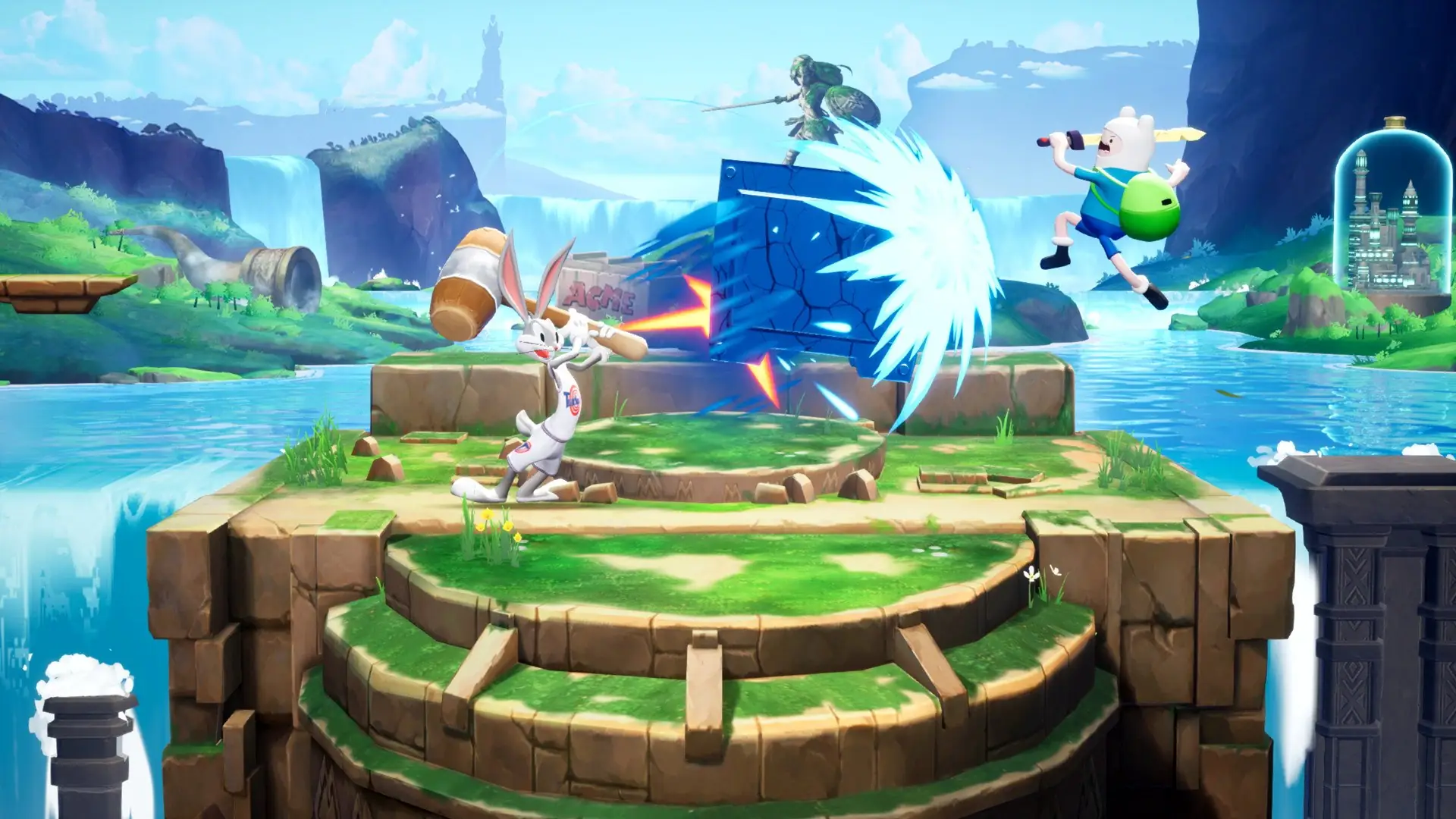 Video game screenshot featuring an animated rabbit character about to hit a safe with a mallet while a character with a…