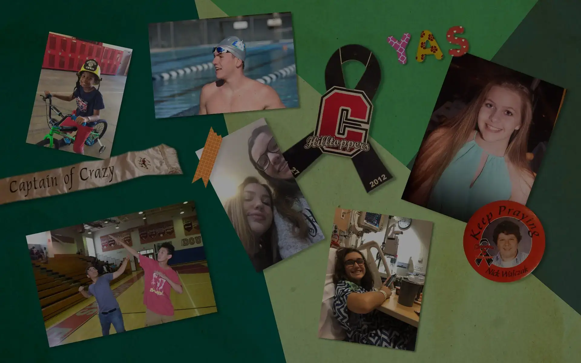A collage of pictures of teenagers and kids on a green background.