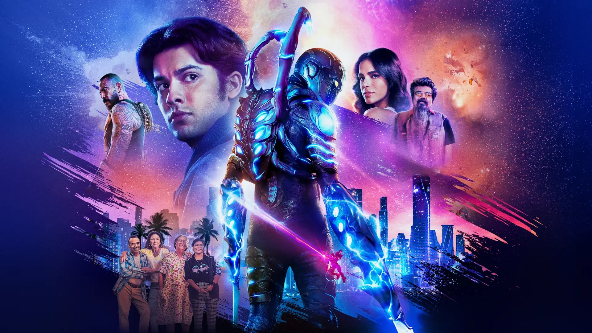 A movie poster features Blue Beetle surrounded by other characters against a cosmic and city background.