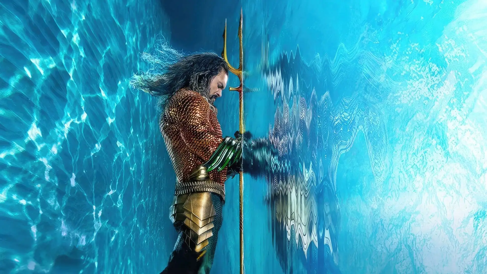 Aquaman holding his trident against a rippling, translucent blue wall of water.