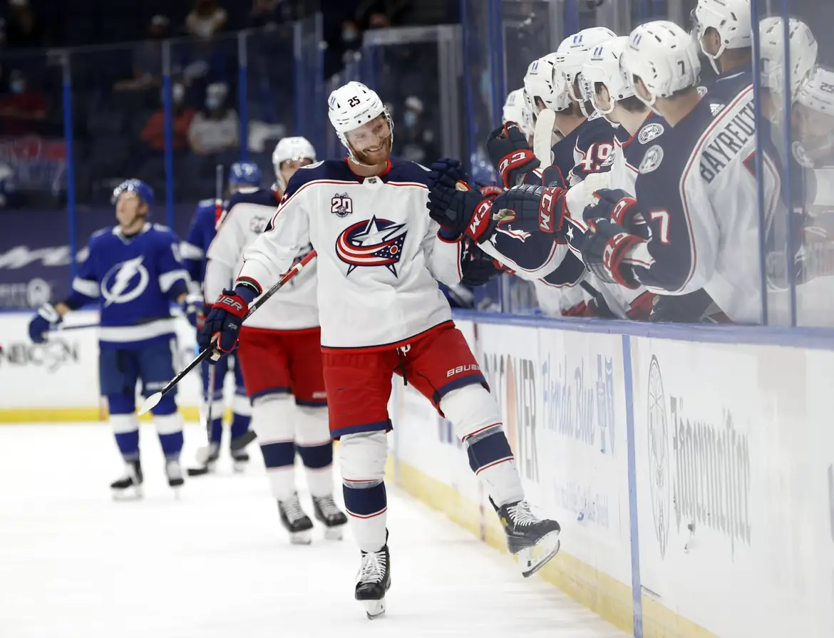 Columbus Blue Jackets players celebrating along the bench