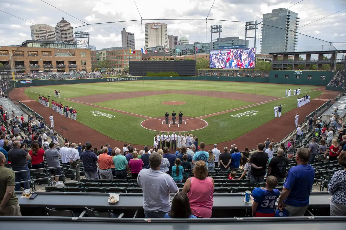 Fans standing in the stands before the first pitch at Huntington Park