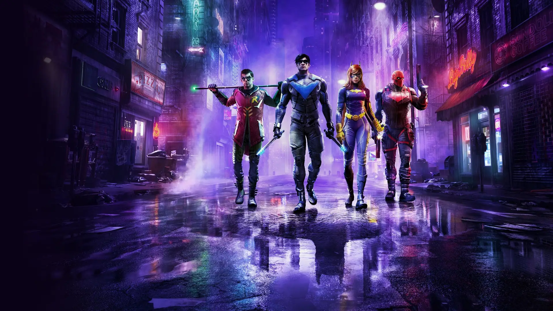 The Gotham Knights heroes on a neon street