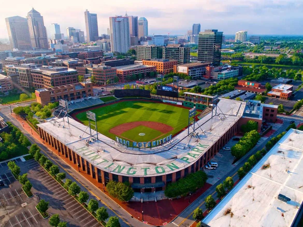 Huntington Park from above, with downtown Columbus beyond
