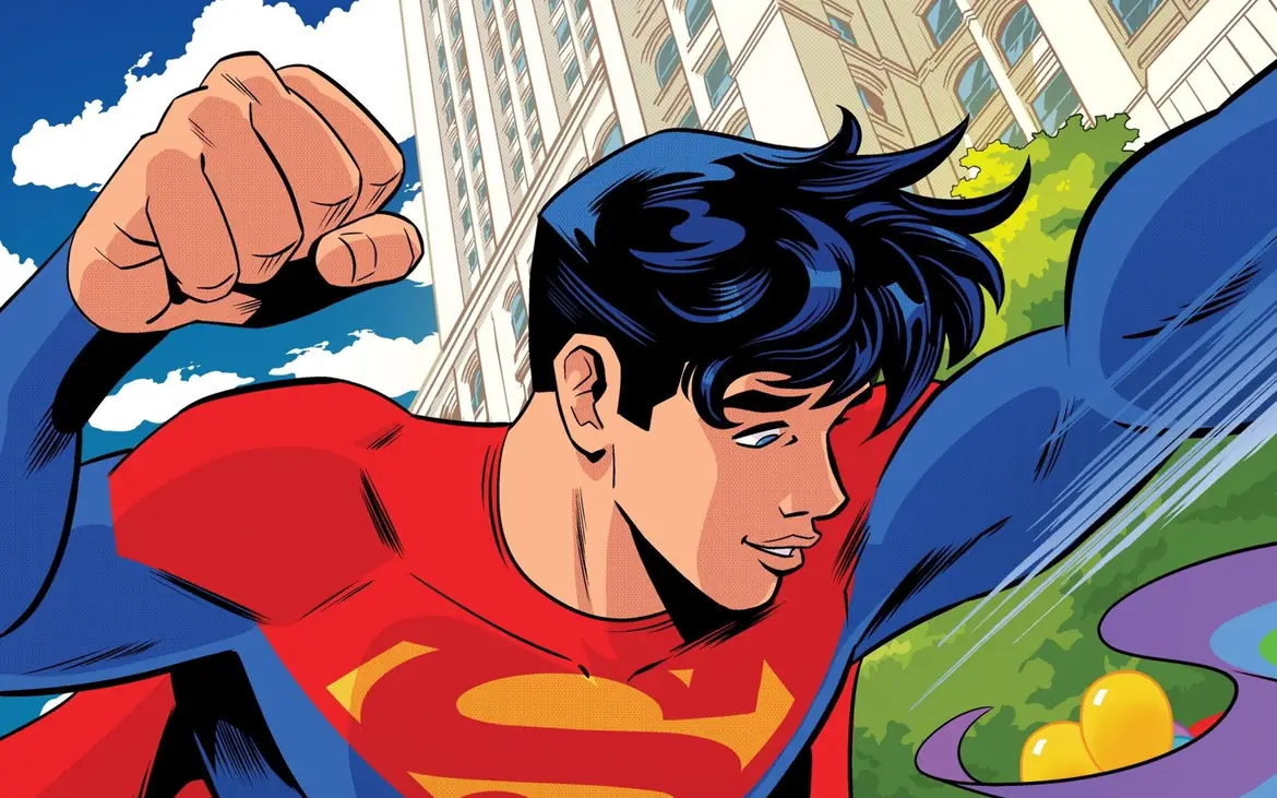 Jon Kent as Superman flying over the city