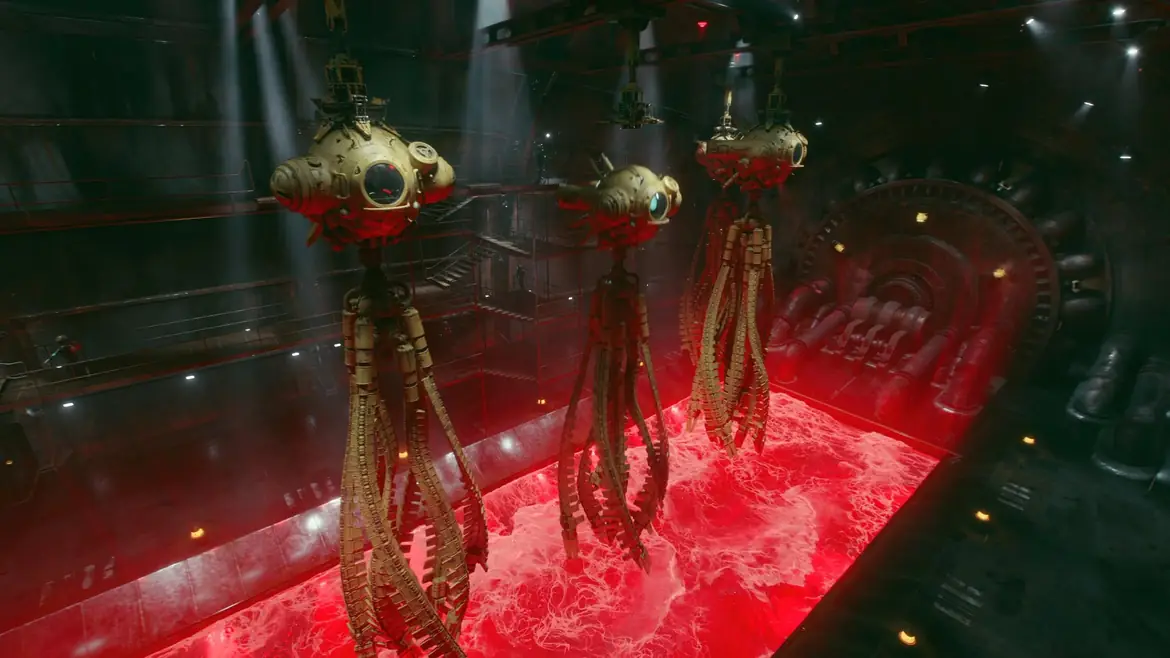 Mechanical sentinels hanging over a red-lit pool