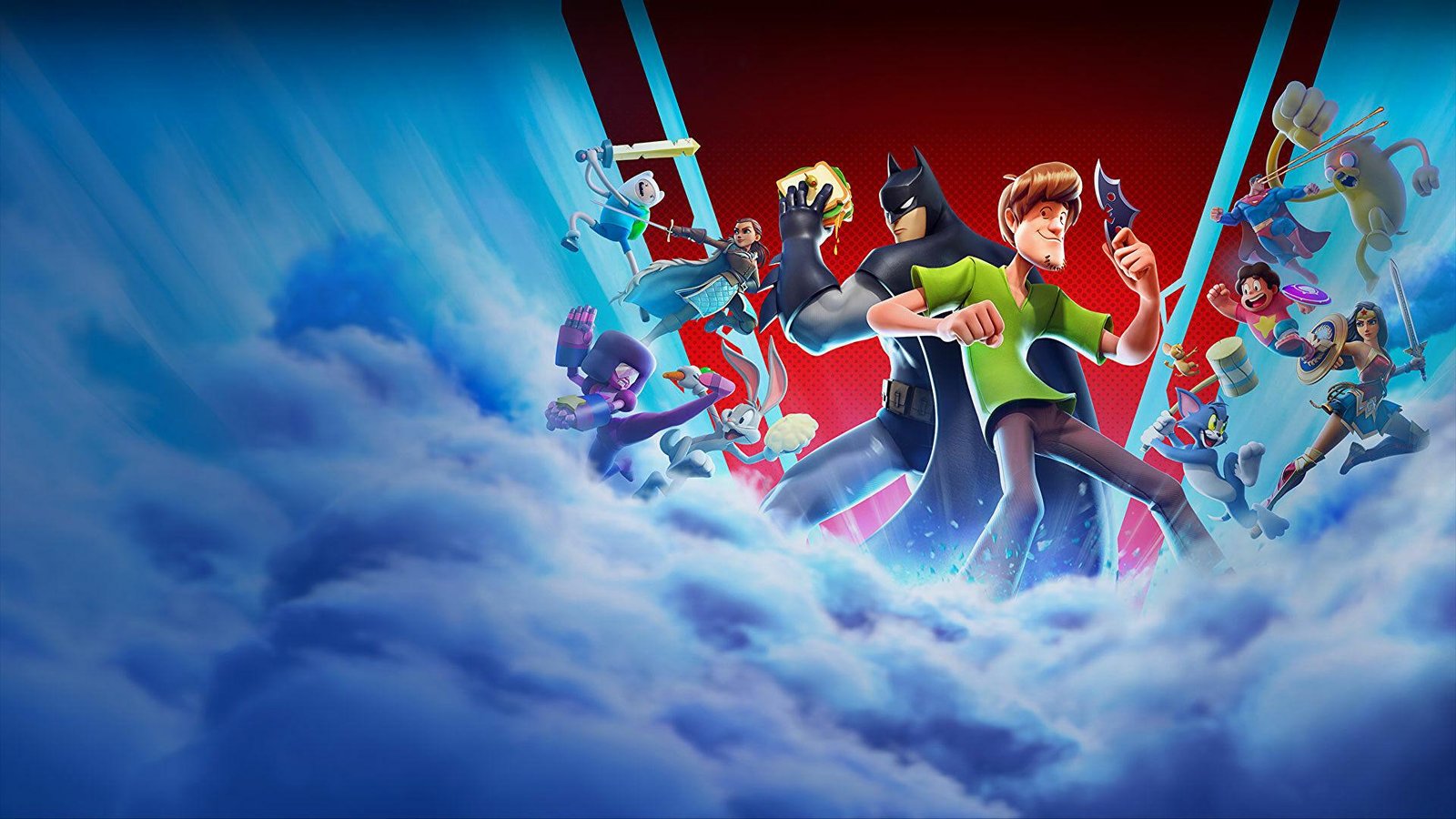 An illustration of various animated characters such as Batman, Shaggy, and Bugs Bunny standing among clouds.