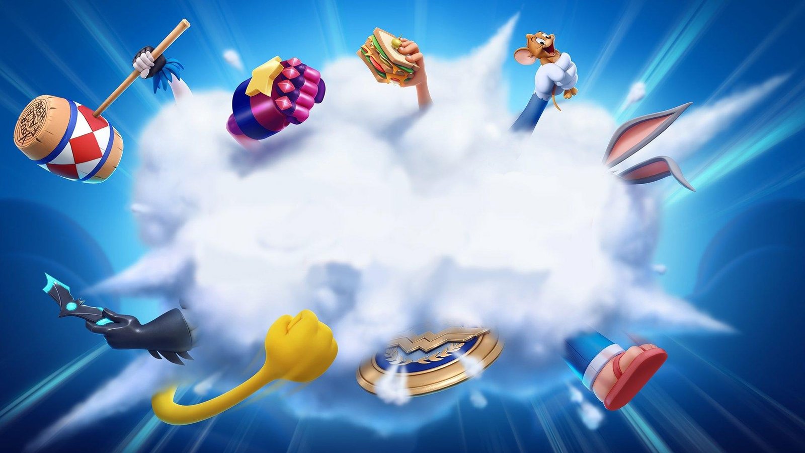 Promotional graphic for MultiVersus featuring a chaotic dust cloud with character items emerging from it.