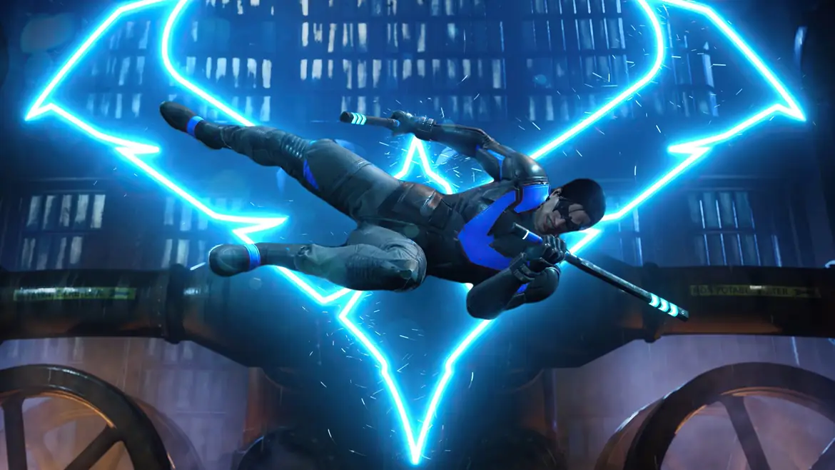 Nightwing leaping through a neon Nightwing emblem