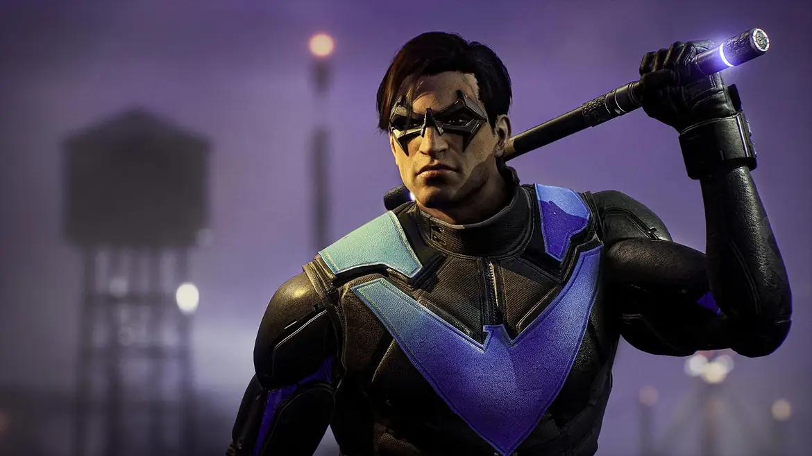 Nightwing with his escrima stick over his shoulder