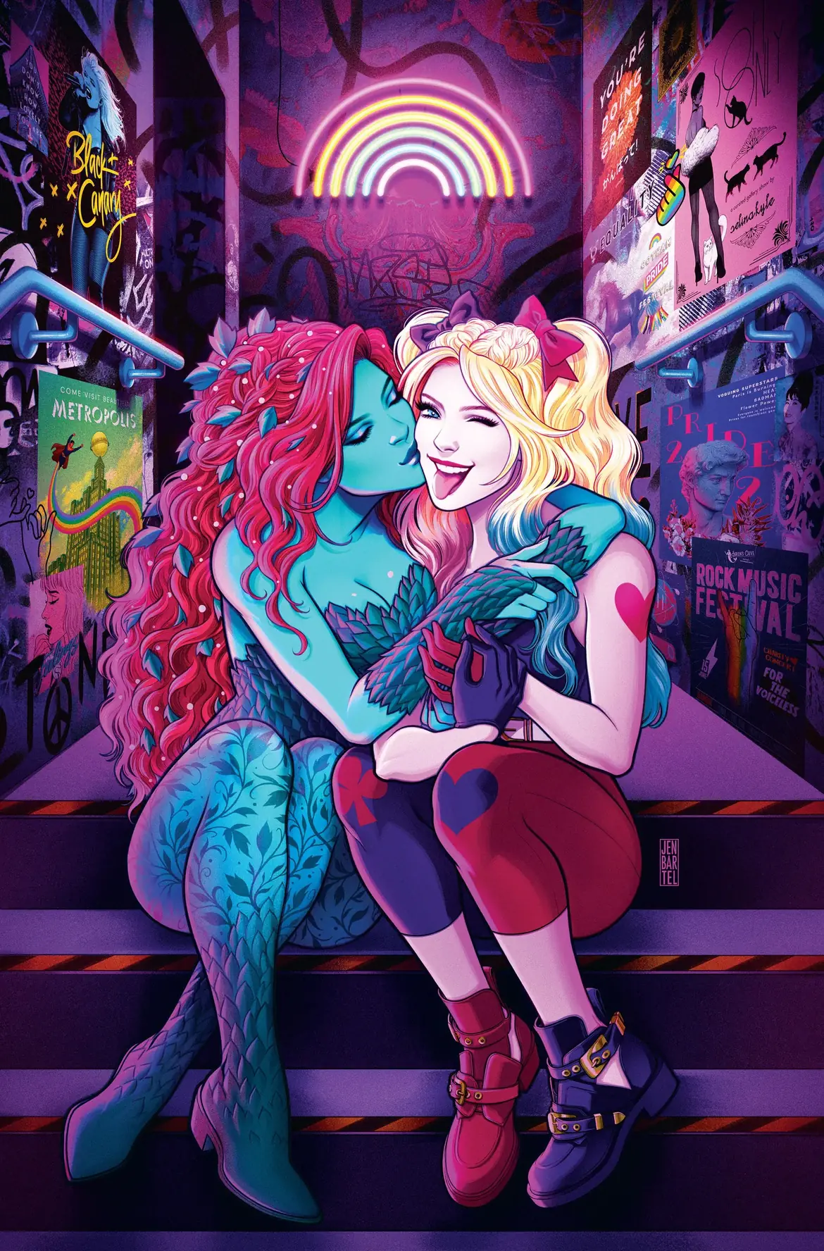 Poison Ivy and Harley Quinn under a neon rainbow
