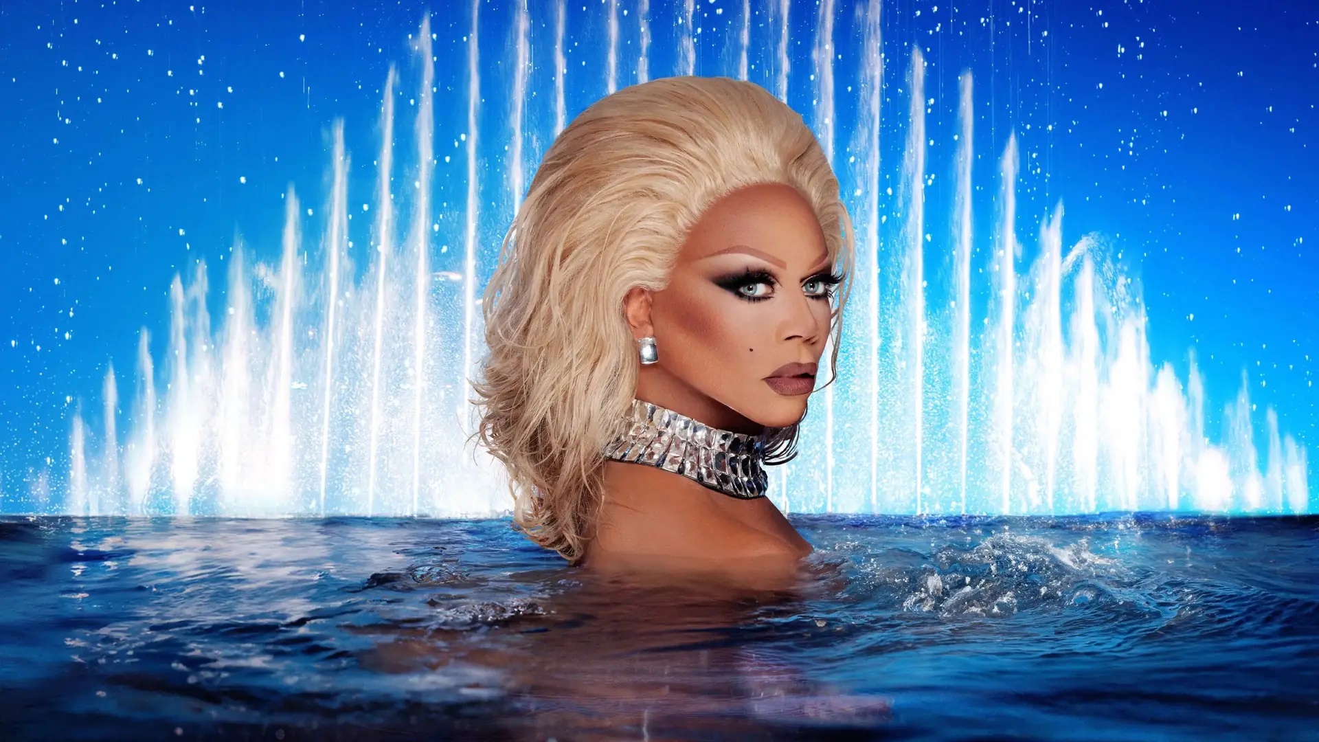 RuPaul campaign portrait in water and fountains