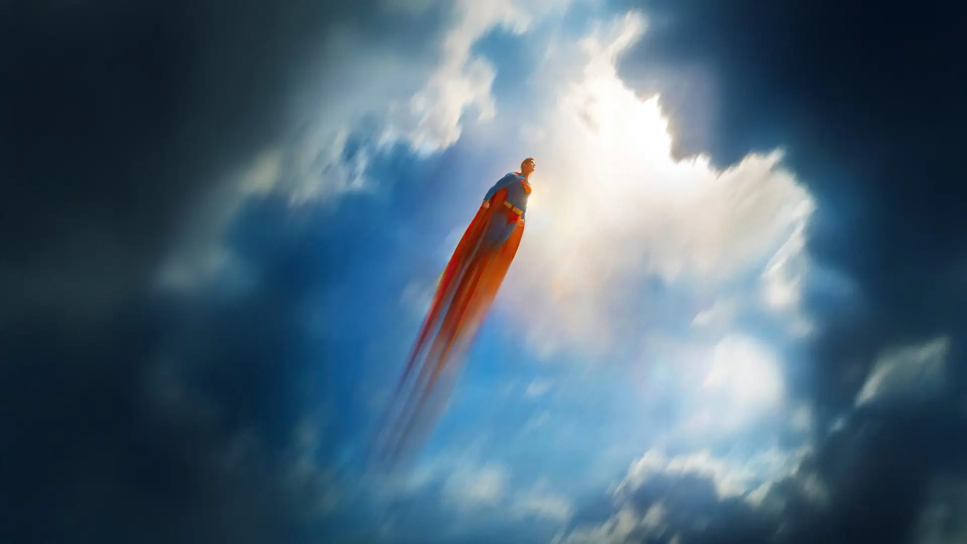 Superman flying up through clouds