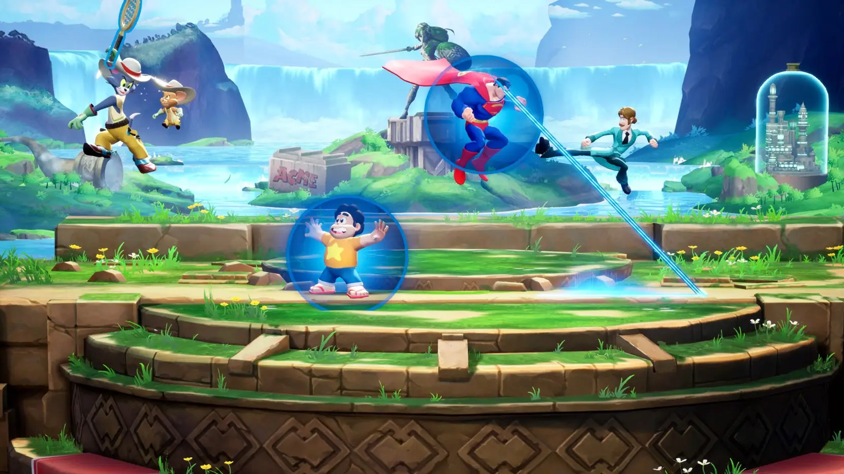 Superman and Steven Universe fighting over a waterfall stage