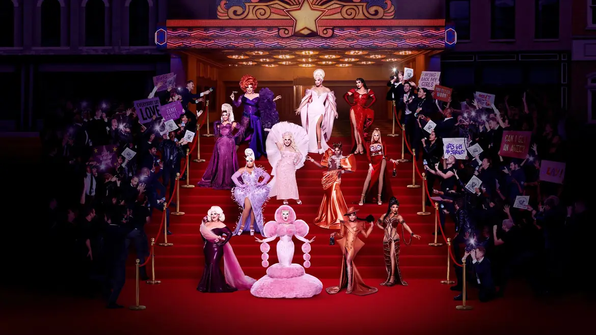 The All-Stars cast on a red-carpet staircase surrounded by fans