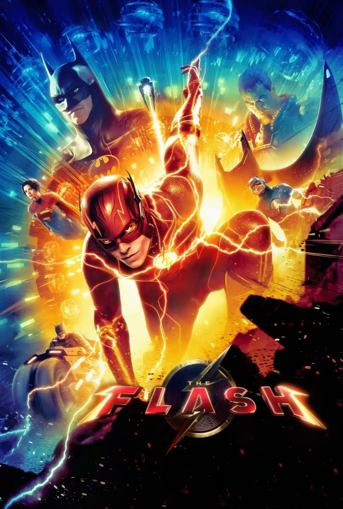The Flash, Batman and Supergirl in a burst of lightning