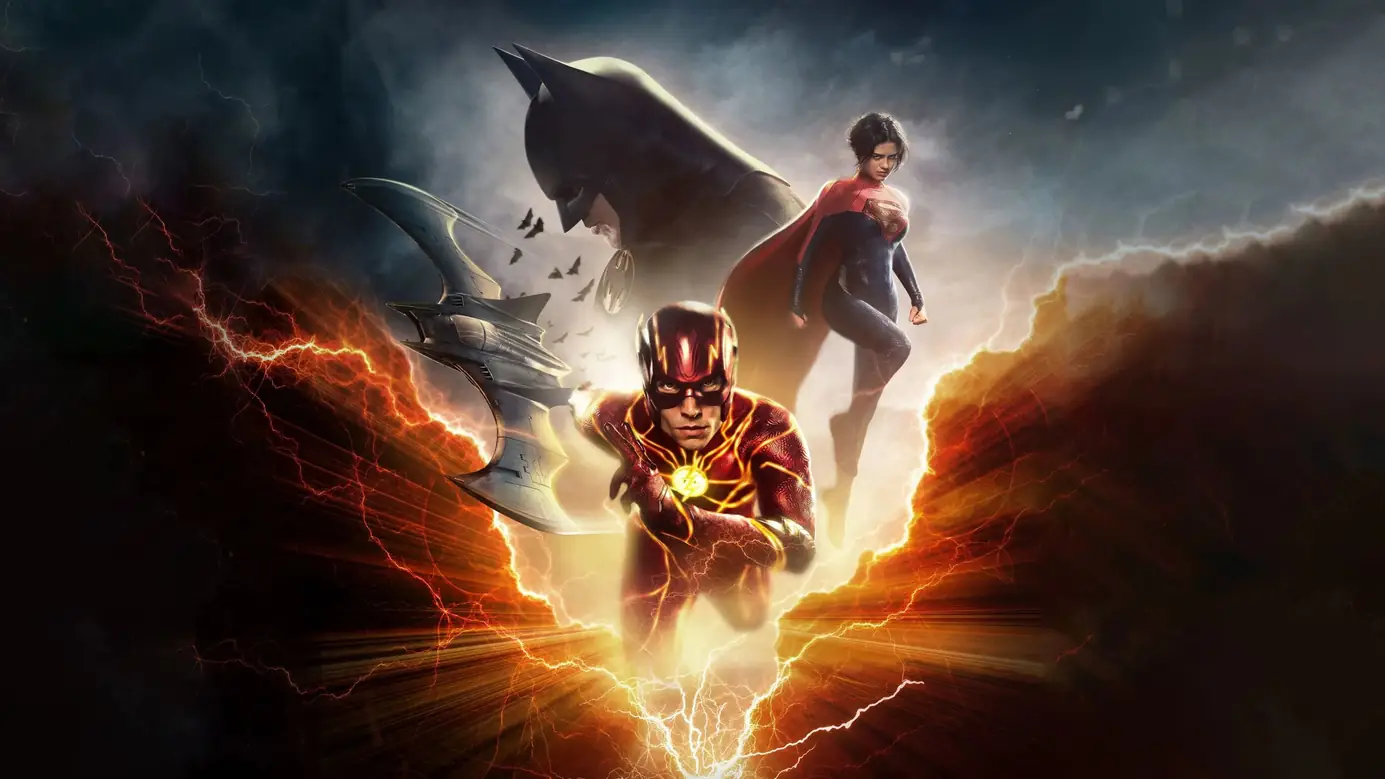 The Flash, Batman and Supergirl over a field of lightning