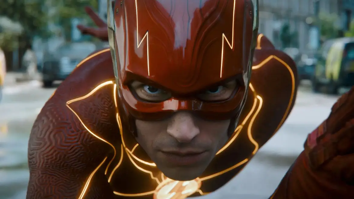 The Flash mid-sprint, close on the cowl